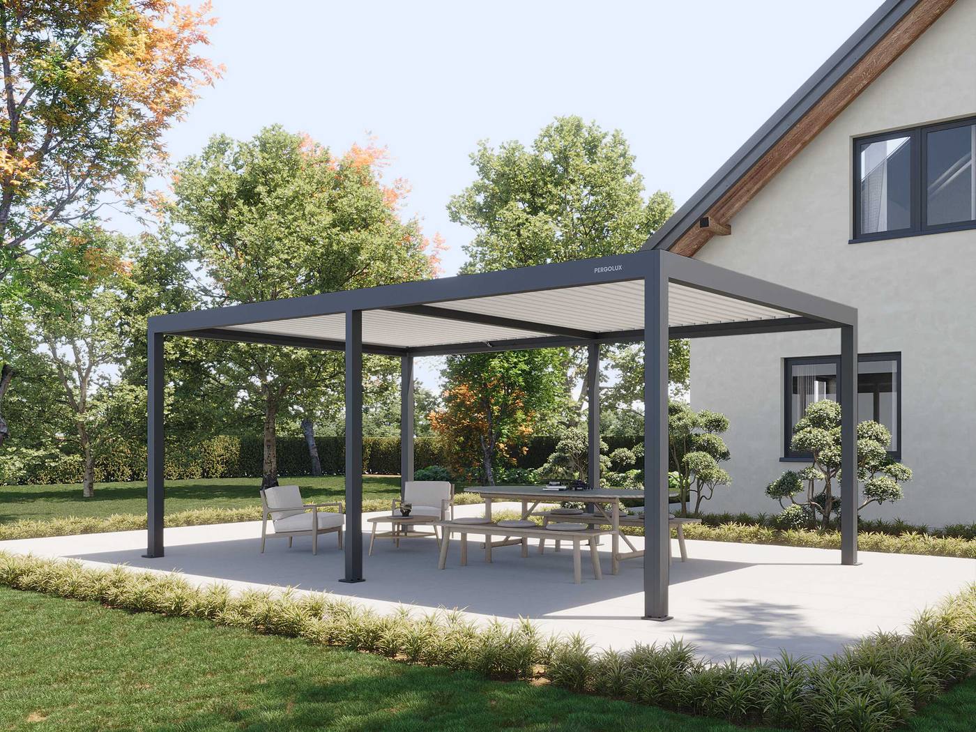 PERGOLUX Series 4 Base freestanding motorized louvered pergola in Anthracite