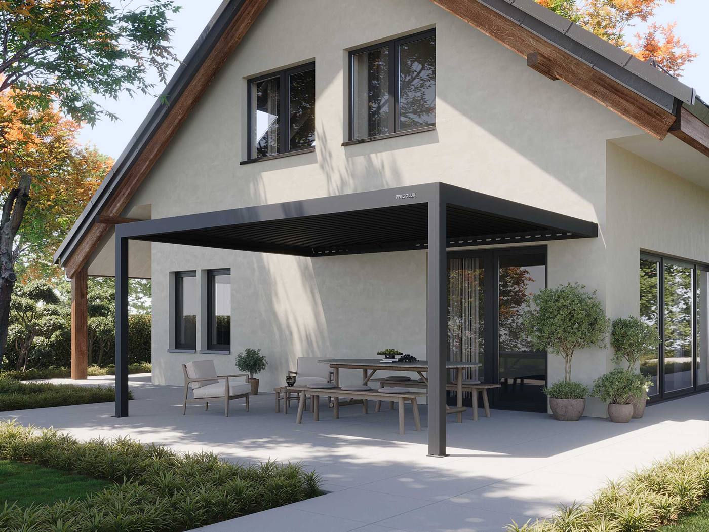 PERGOLUX Series 4 Base wall-mounted motorized louvered pergola in Anthracite