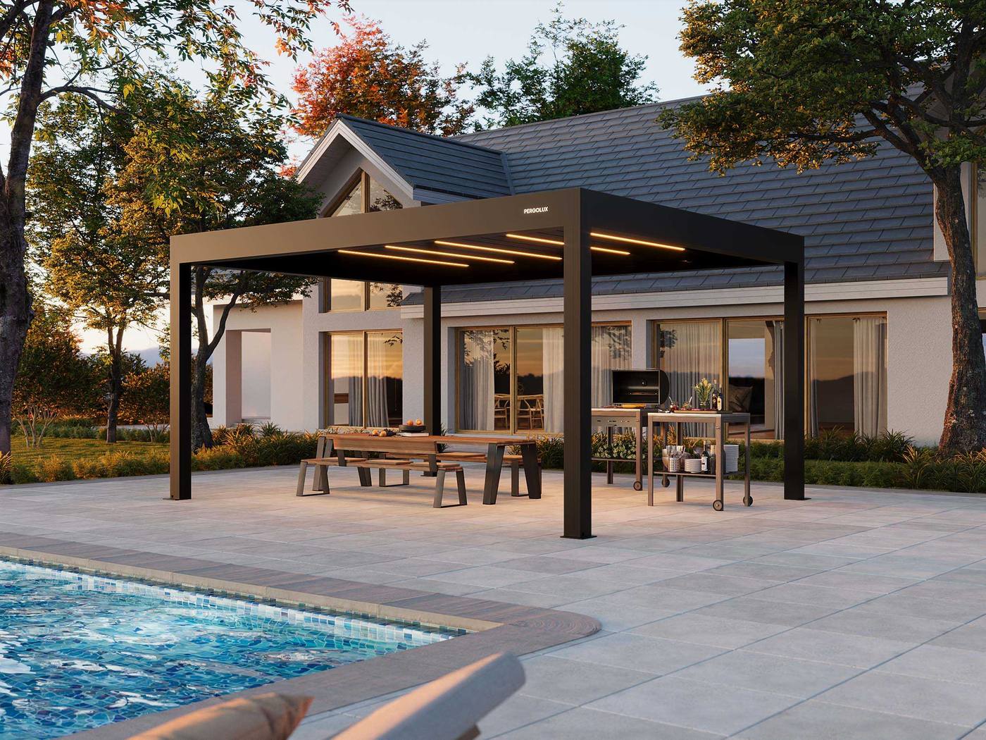 Series 4 Pro Max freestanding pergola in Anthracite beside a pool