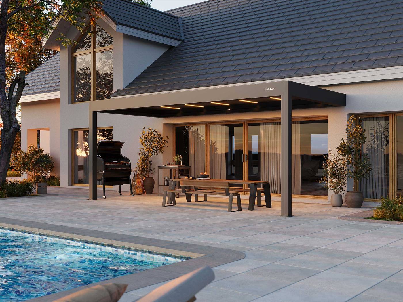 PERGOLUX Series 4 Pro Max motorized louvered pergola, wall-mounted, Anthracite, over a pool patio