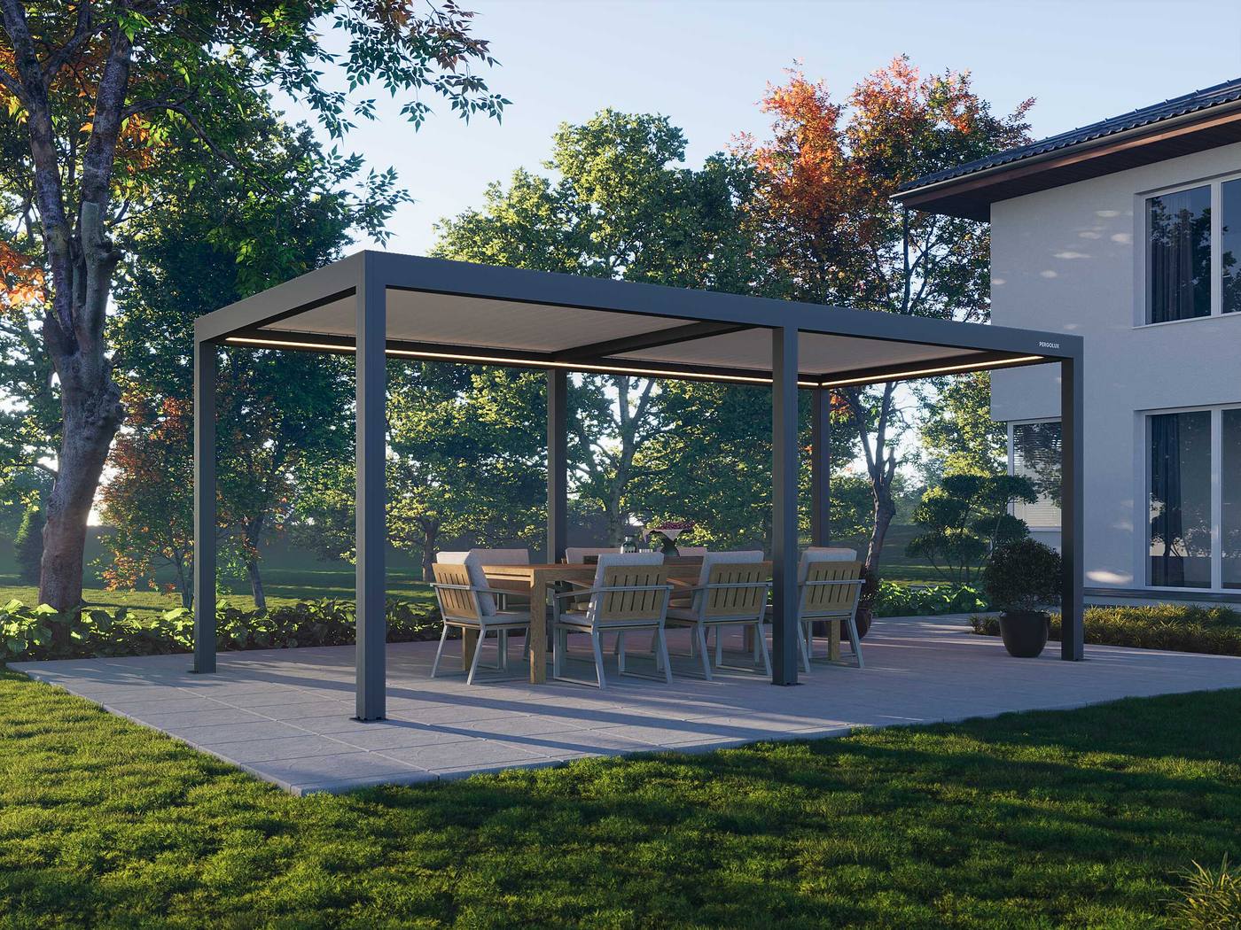 PERGOLUX Series 4 Pro freestanding motorized louvered pergola with glass wall, Anthracite